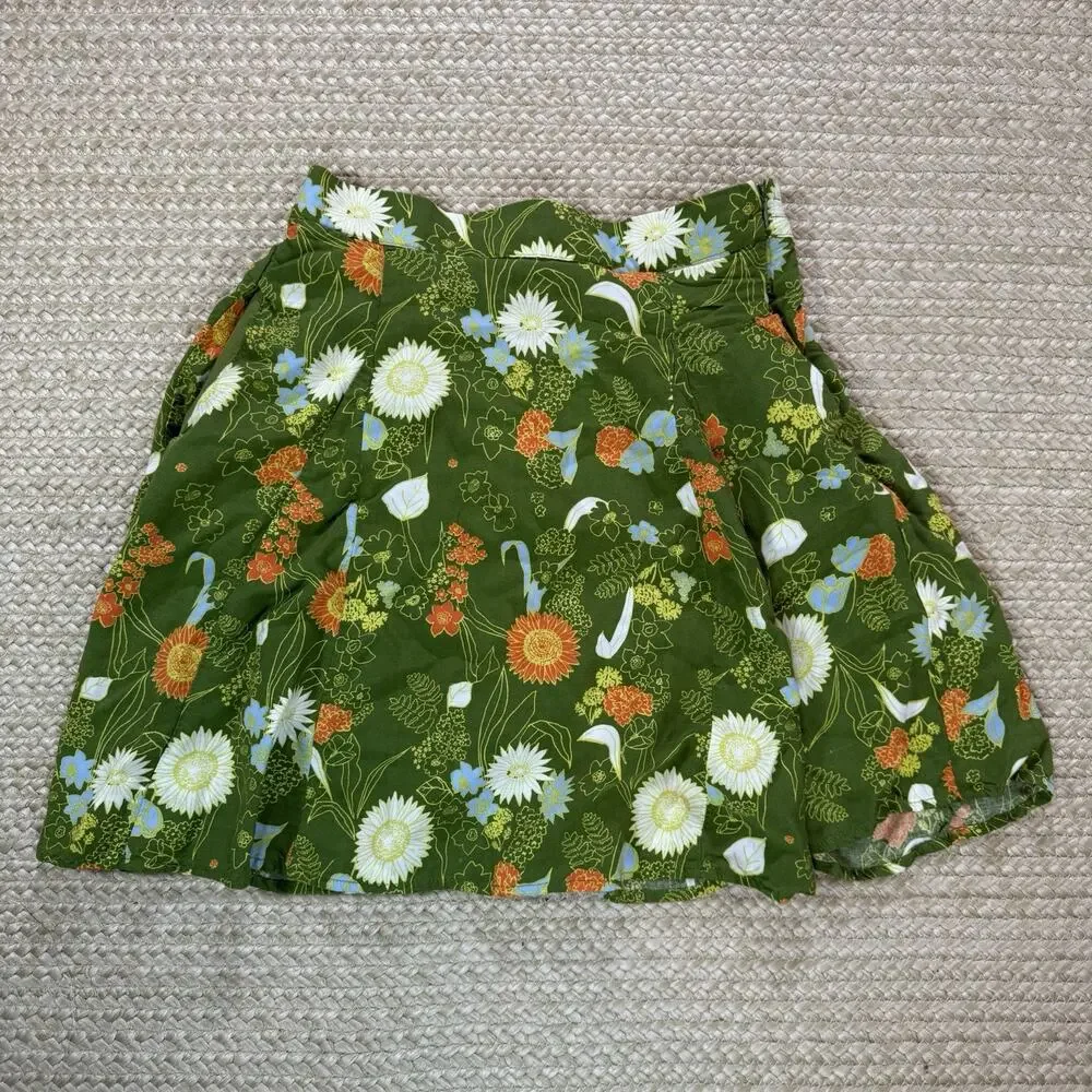 ModCloth “Stay Sassy” Floral Skater Skirt Retro Print Green Pleated Side Zip S - Picture 1 of 6